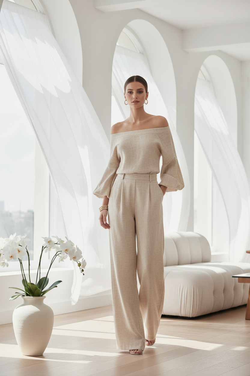 Beige Off-Shoulder Co-ord Set