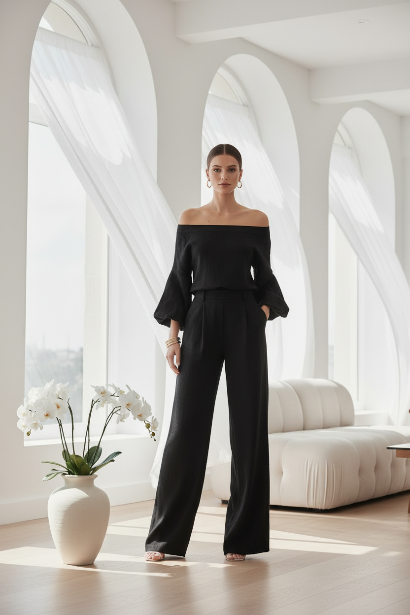 Black Off-Shoulder Co-ord Set