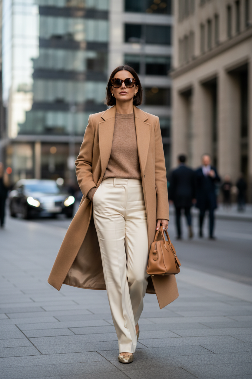 Camel Long Wool Coat & Wide-Leg Trouser Set