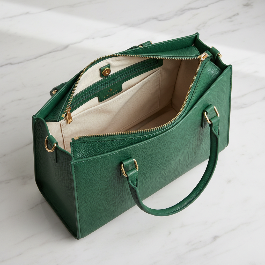 Elara Structured Tote Emerald – Interior View