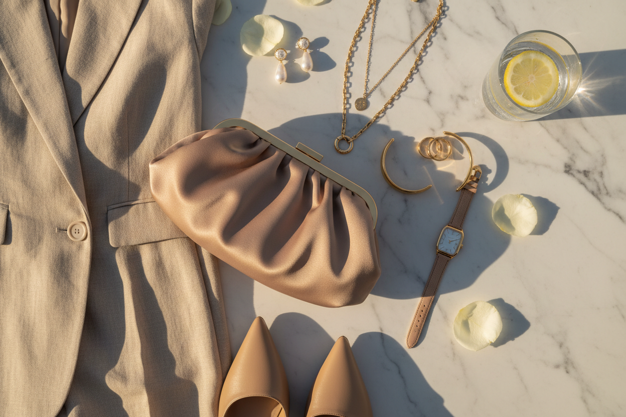 Elara Evening Clutch Nude – Styled Flat Lay