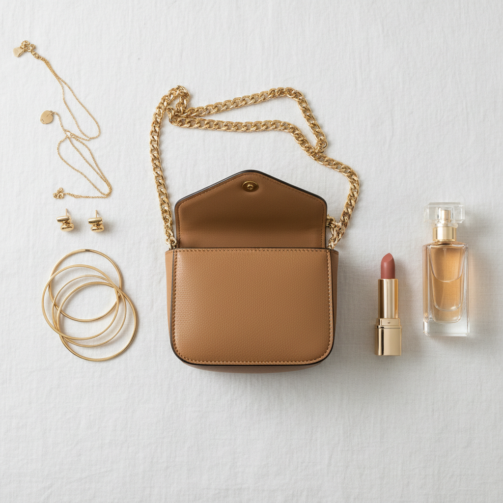 Elara Mini Crossbody Camel – Flat Lay