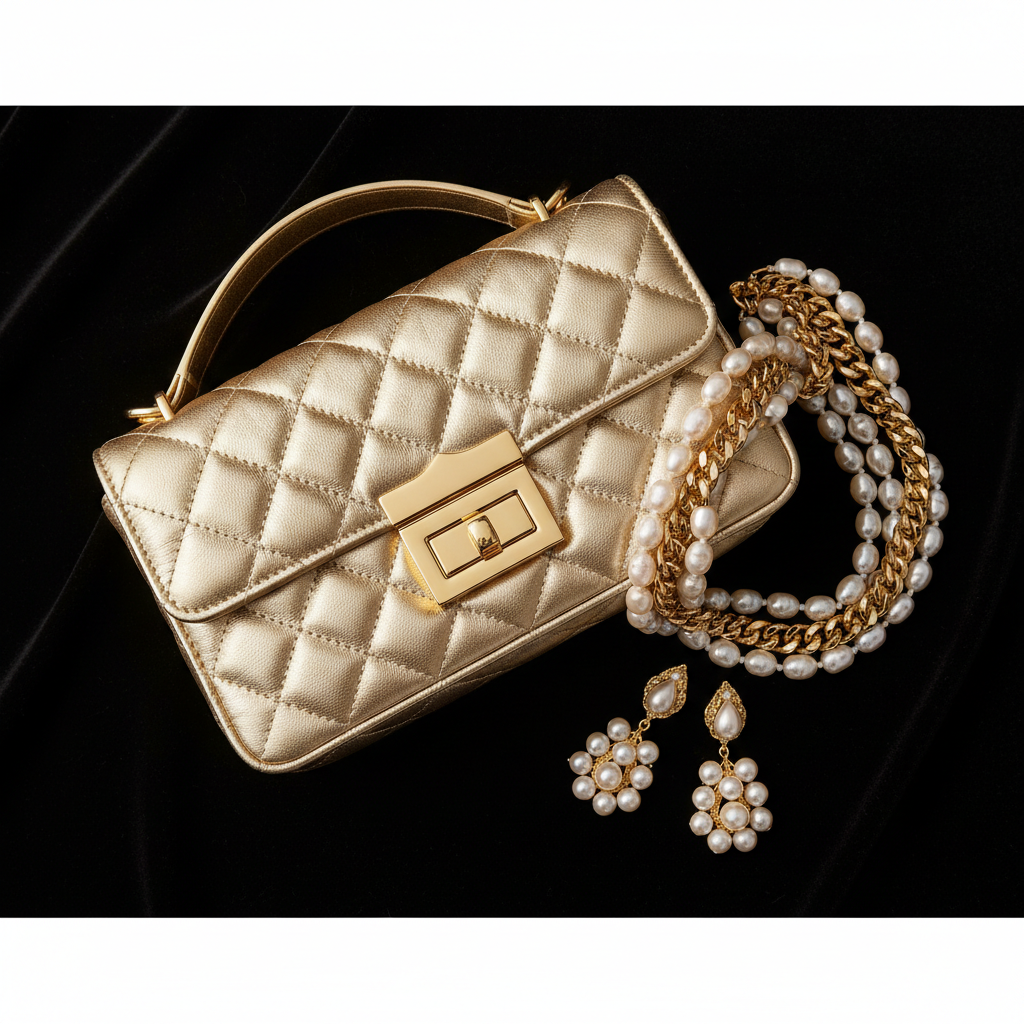 Elara Quilted Flap Bag Gold – Velvet Flat Lay