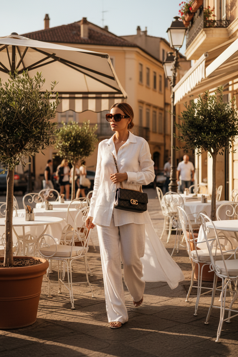 Elara Chain Shoulder Bag Black – Outdoor Cafe Model Shot