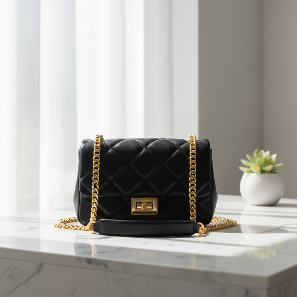 Elara Chain Shoulder Bag Black – Gold Chain Marble Detail