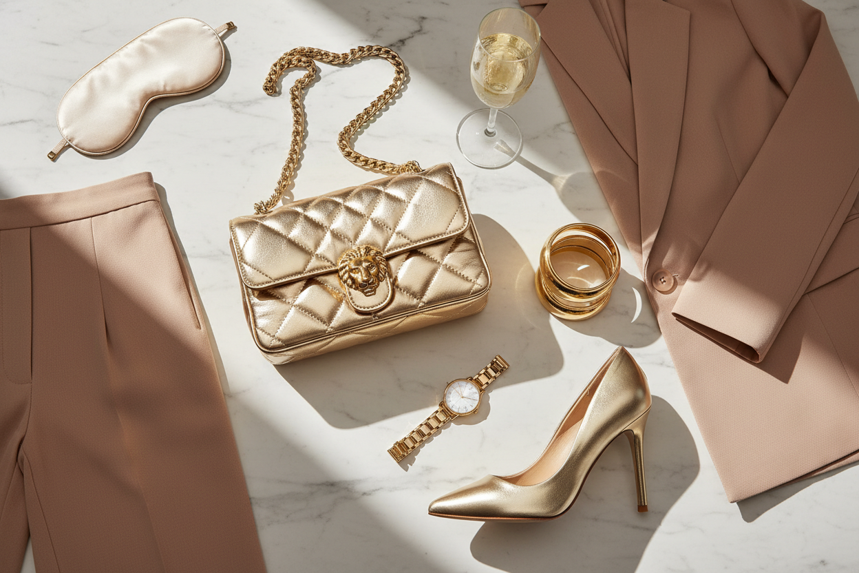 Elara Quilted Flap Bag Gold – Styled Flat Lay