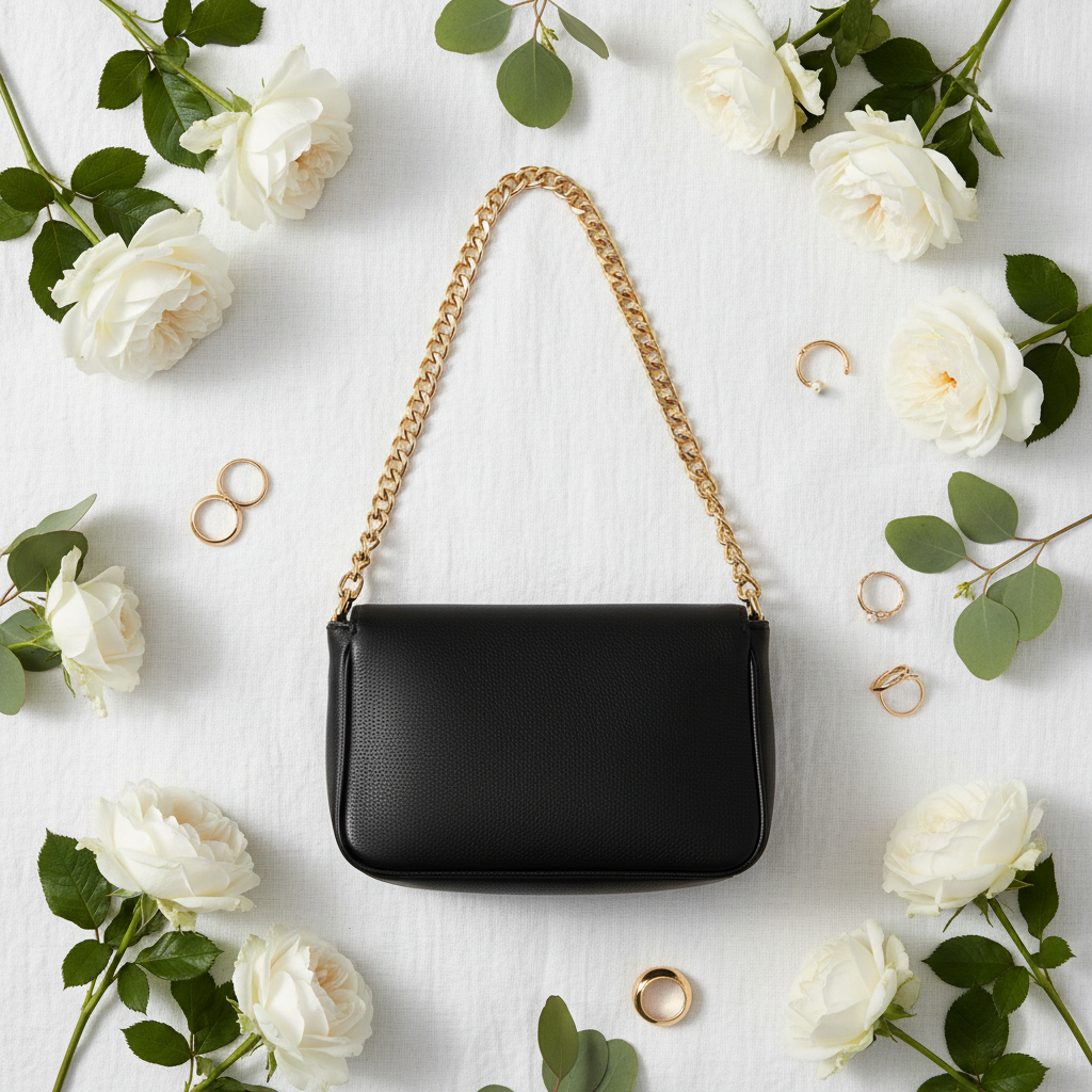 Elara Chain Shoulder Bag Black – Floral Flat Lay