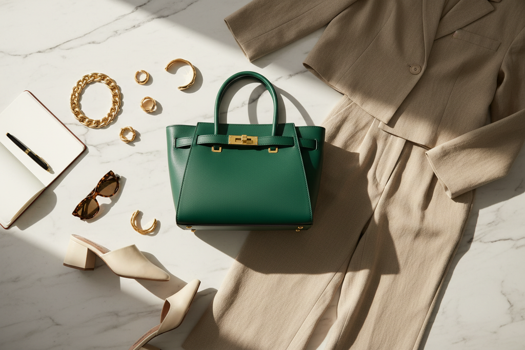 Elara Structured Tote Emerald – Styled Flat Lay